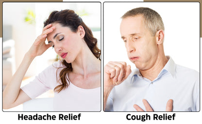 Image showing a woman holding her forehead, representing headache relief, and a man coughing into his hand, representing cough relief. The image highlights the benefits of menthol crystals for alleviating common discomforts.