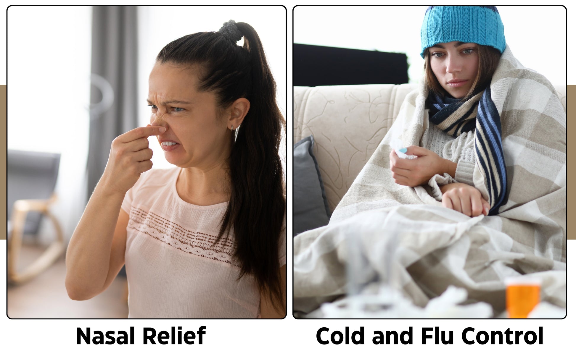 Image featuring a woman pinching her nose, symbolising nasal relief, and another woman wrapped in a blanket holding medication, representing cold and flu control. Highlights the benefits of menthol crystals for respiratory support.