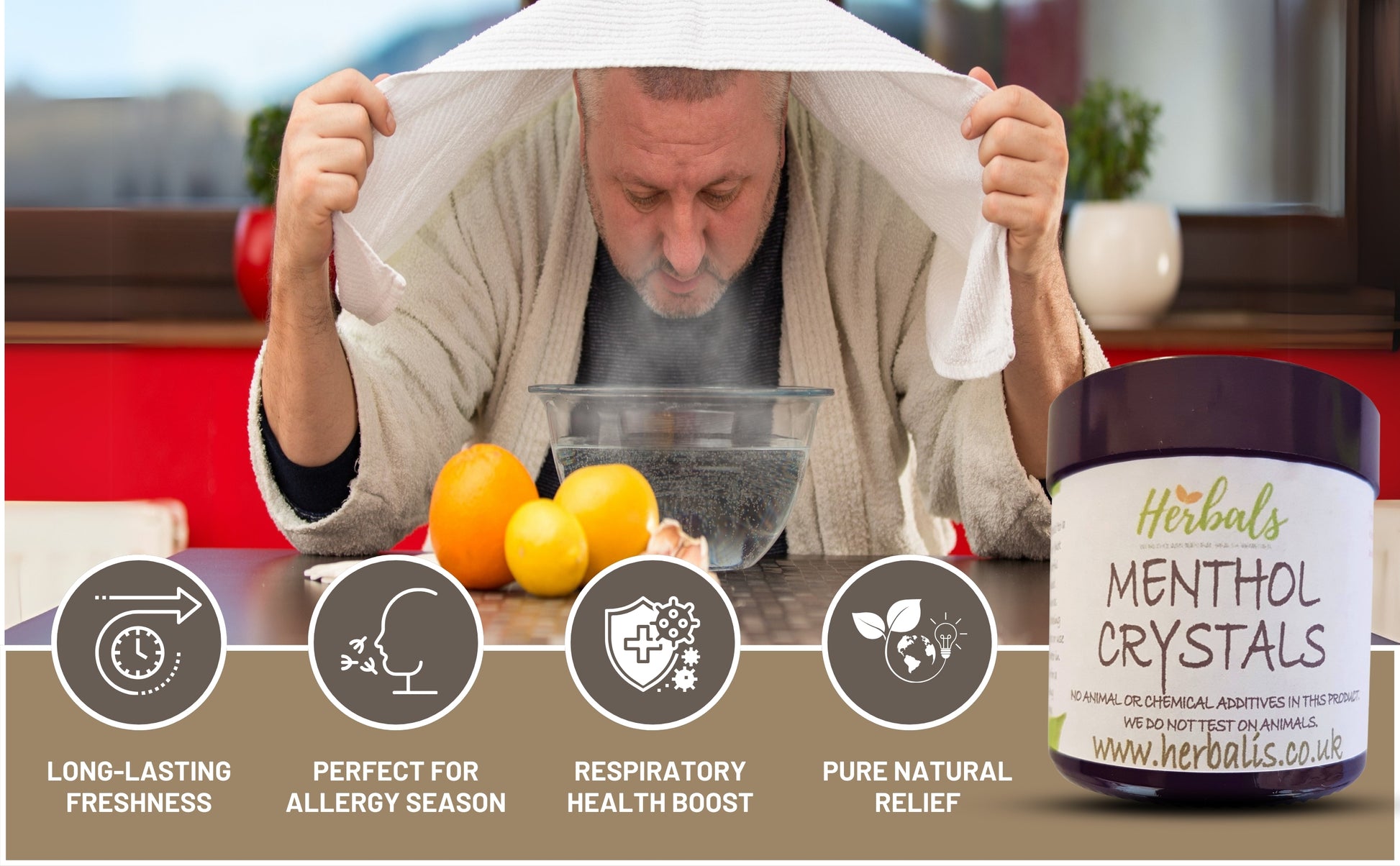 Image of a man inhaling steam infused with menthol crystals using a towel over his head. The product jar of Herbals Menthol Crystals is displayed alongside icons highlighting benefits like long-lasting freshness, allergy season support, respiratory health boost, and pure natural relief.