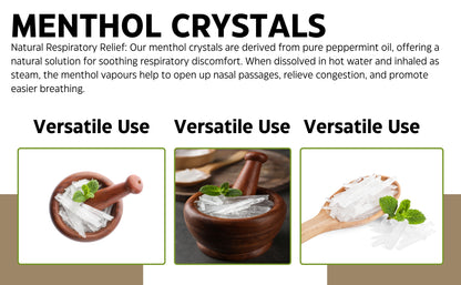 Image showcasing the versatile uses of menthol crystals, featuring three bowls with crystals accompanied by fresh mint leaves. Includes text highlighting their natural respiratory relief, ability to open nasal passages, relieve congestion, and promote easier breathing.