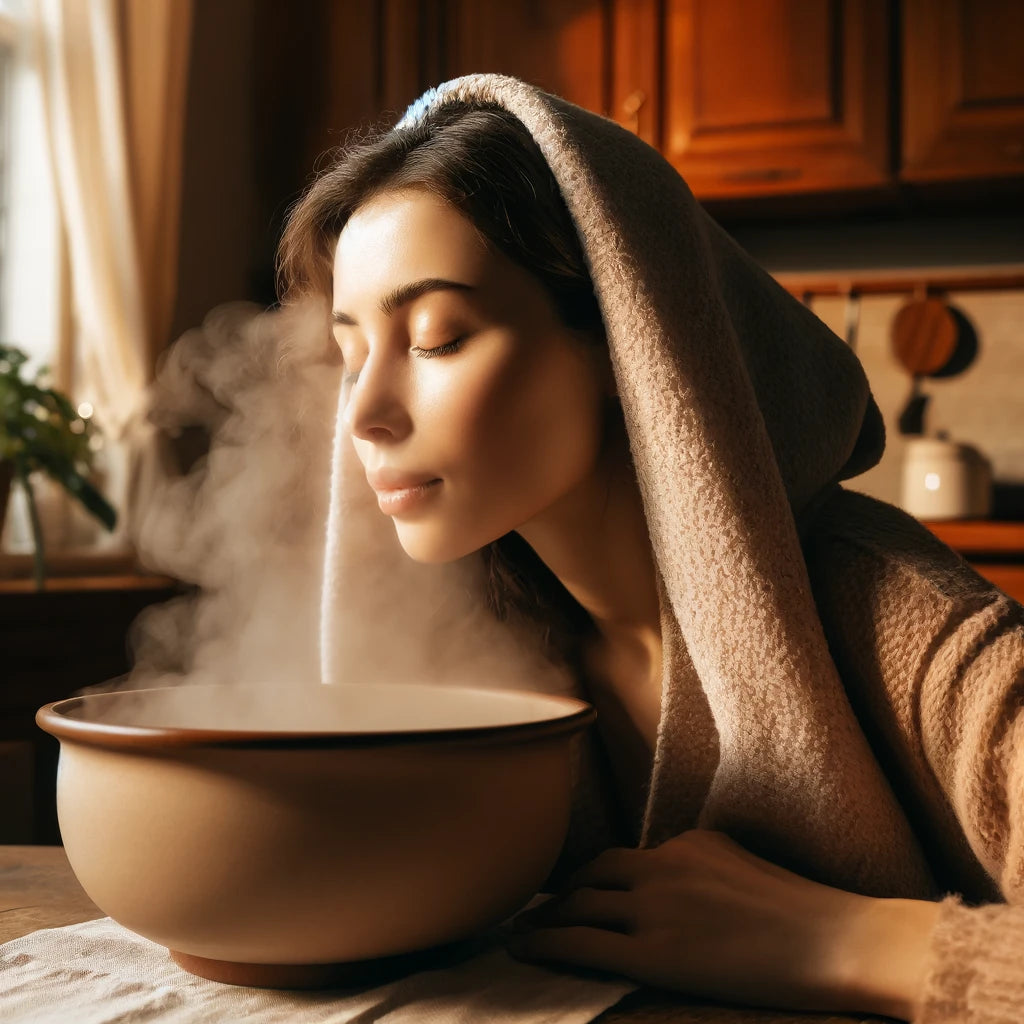 A lady inhaling the steam generated by adding hot water to natural menthol crystals.