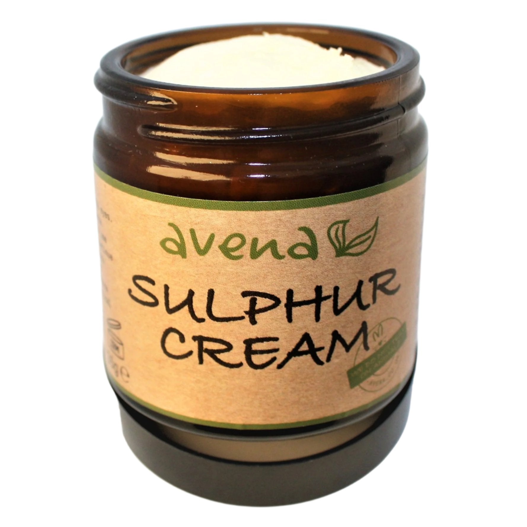 Handmade Sulphur Cream in a jar, featuring a smooth, creamy texture. The label displays natural ingredients and highlights its use for acne, eczema, and troubled skin. Ideal for showcasing an effective, natural skincare solution that combines sulphur's healing properties with nourishing oils.